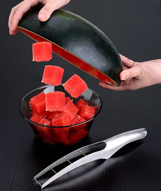 Watermelon Cutter Slicer with 2 Pieces Forks, Stainless Steel Watermelon Cube Cutter Watermelon Knife, Melon Slicer, Cube Cutters Fruit Vegetable Knives Salad Melon Baller for Kitchen Gadget