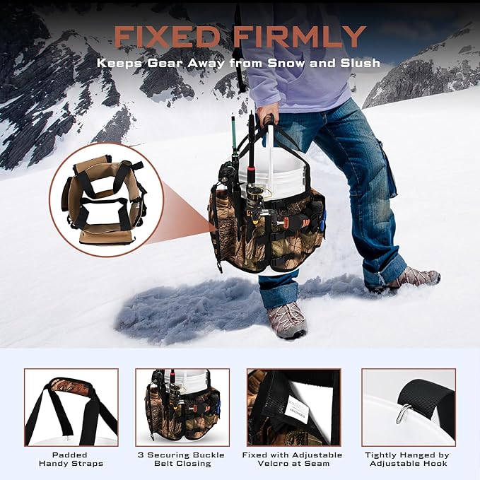Boomistry Fishing Bucket Organizer for 5 Gallon Bucket Accessories, Fishing Tackle Bag with Adjustable Buckle, Fishing Rod Bag with 15 Multi-Pockets for Fishing Gear and Equipment (Brown Camo)