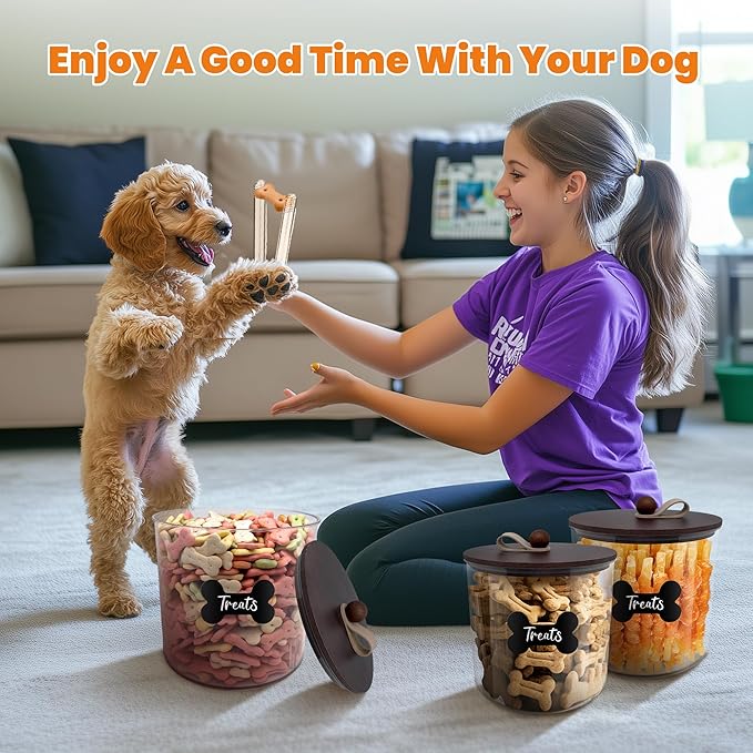 HOYTAMDAR 3 Pack Airtight Dog Food Storage Container, Dog Treat Container Dog Food Container with Wood Lids 8x7''&6x5'',Pet Food Storage Container,Cat Food Containers with Scoops,Clamp,Labels,Pens