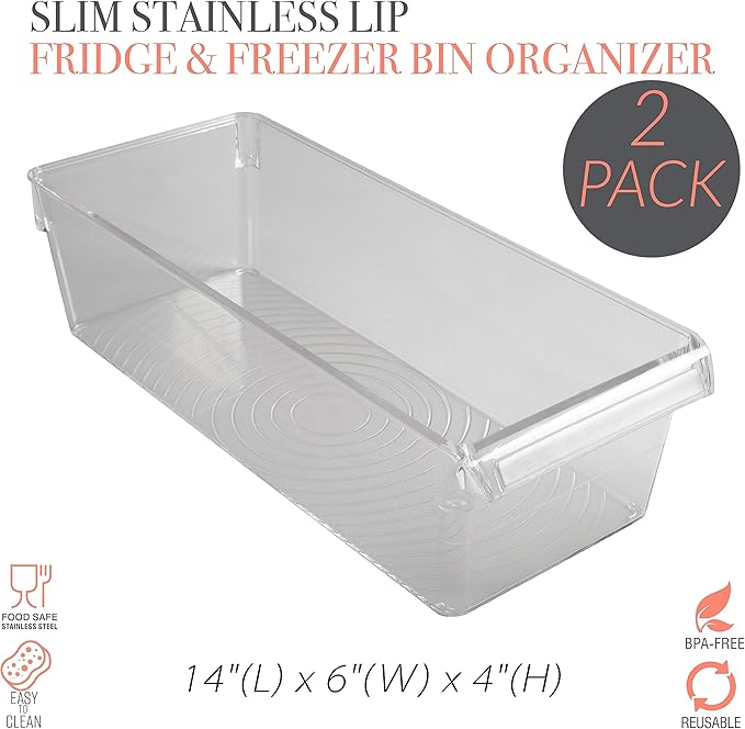 Kitchen Details 2 Pack Slim Refrigerator Storage Bin | Fridge & Freezer | Kitchen Organization | Stainless Steel Handle | Countertop | Cabinets | Pantry | Clear
