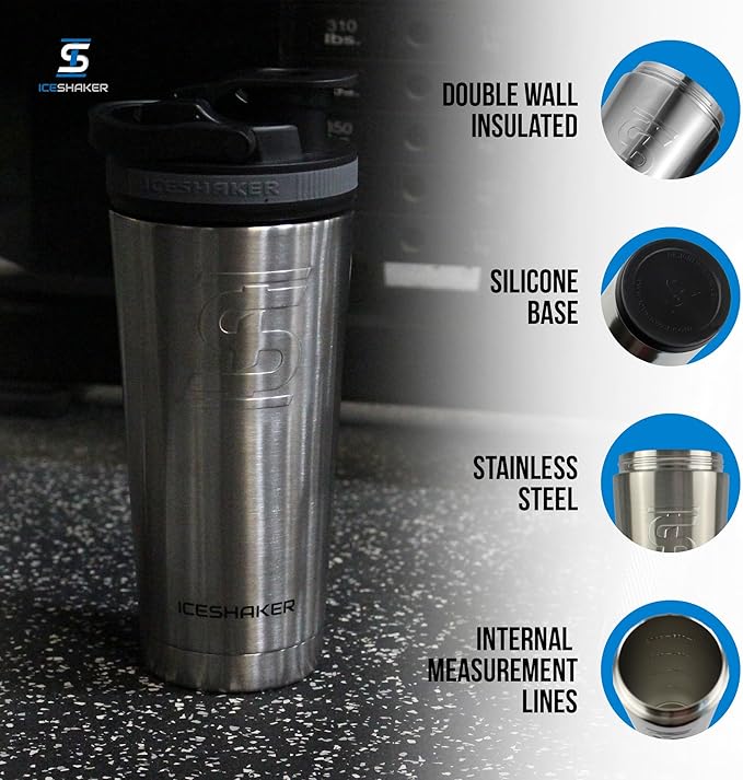 Ice Shaker Insulated Stainless Steel Shaker Bottle | 26oz, Stainless Steel | Cold for 30+ Hours | Insulated Cup with Twist-on Agitator | Odor-Free Bottle for Protein Shakes, Water, Cocktails