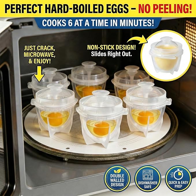 Microwave Egg Cooker (2 Pack), Rapid Hard Boiled Egg Maker & Poacher for Breakfast Sandwiches, BPA-Free Double Boiler Cups with Yolk Piercer, Non-Stick No Shell Peeling, Portable for Dorm & Office, Transparent
