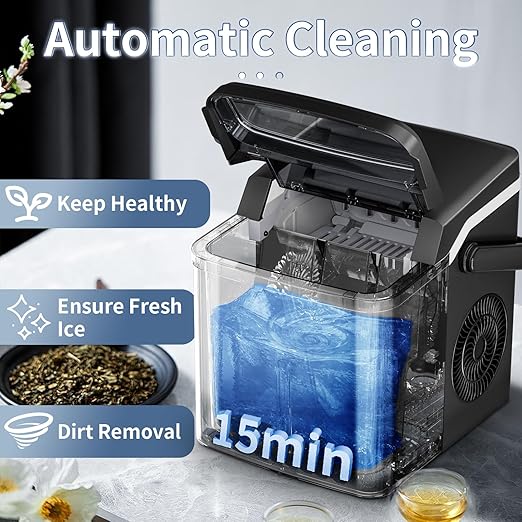 Ice Maker Countertop, Portable Ice Maker Machine, 26.5Lbs/24H, 9Pcs/6Mins, 2 Sizes of Bullet Ice, Self-Cleaning, Basket and Scoop, Ideal for Home/Office/Outdoor Use, Black