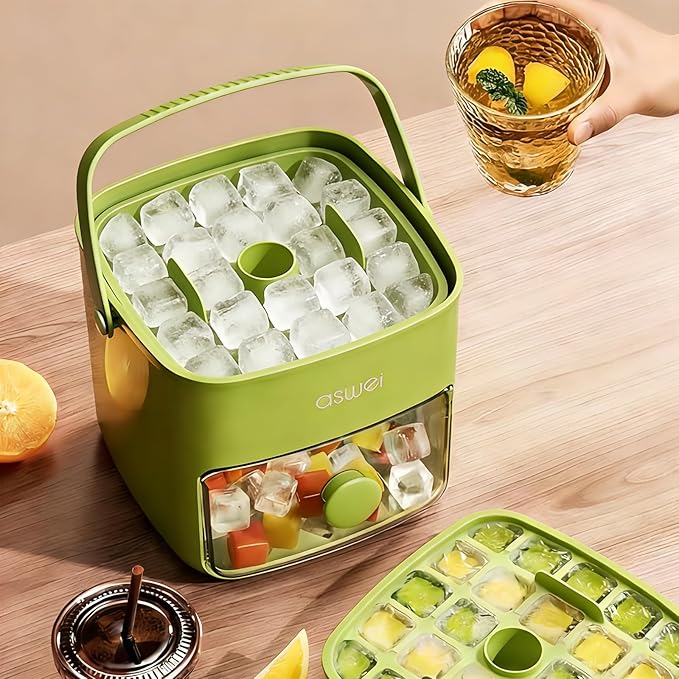 Compact Ice Cube Tray with Lid and Bin, Mini Press-Type Ice Maker for Freezer, Space-Saving Small Ice Bucket with Tongs for RV, Office, Mini Fridge & Water Bottles, BPA-Free (Green)