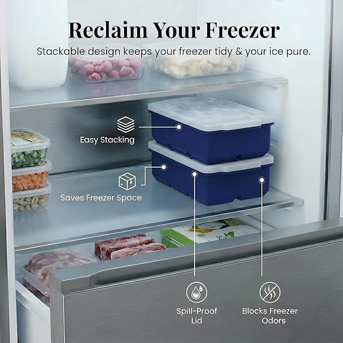 KitchFort Large Silicone Ice Cube Tray (2-Pack), Easy Release 2" Big Ice Cubes - Cocktail, Whiskey Ice Cubes Mold - Ice Trays for Freezer with Lid - Stackable Silicone Ice Tray - Navy Blue
