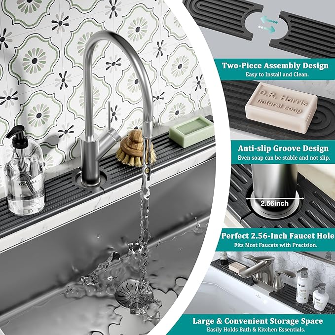 Stone Faucet Mat for Kitchen Sink - Quick Dry Diatomite Sink Splash Guard, Prevents Moisture Buildup & Water Stains, Water Absorbing Stone Tray for Bathroom Countertop (Dark Gray, 30" x 4")