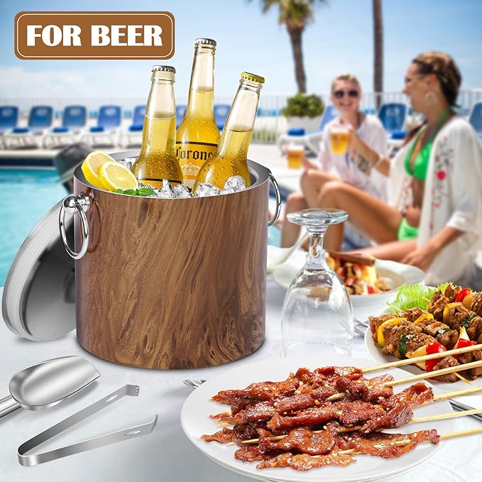 Ice Bucket with Lid & Tong- Well Made Insulated Stainless Steel Keep Ice Frozen Longer - Ideal for Cocktail Bar, Parties, Chilling Wine, Champagne - 3 Liter (Teakwood)