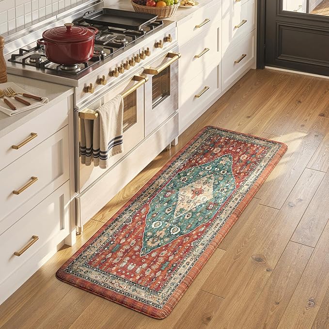 Collive Boho Cushioned Kitchen Mat, Comfort Anti Fatigue Mats for Kitchen Floor, Standing Desk Mat for Kitchen, Office, Laundry, Sink, 17.3”x47” Red Non-Skid Waterproof Kitchen Rugs