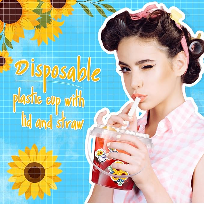 Funnymoom 30 Sets Clear Plastic Cups 24 oz Ice Cream Buckets with Lids & Straws Disposable Drink Cups Cocktail Pails Bulk with Handles and Stickers for Outdoor Beach Birthday Pool Party(Sunflower)