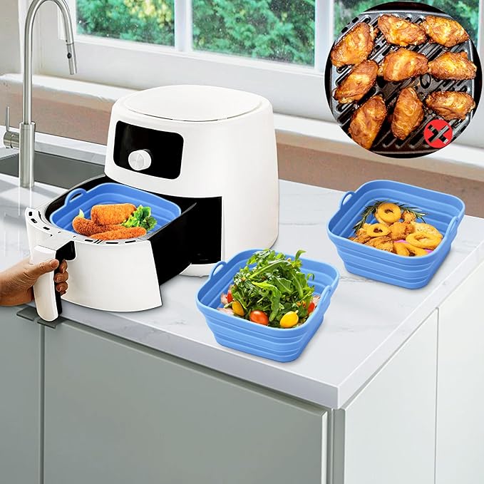 Silicone Air Fryer Liners Reusable Silicone Basket Air Fryer Inserts for 3-5QT Air Fryer Oven Microwave Accessories Blue 7.28 Inch