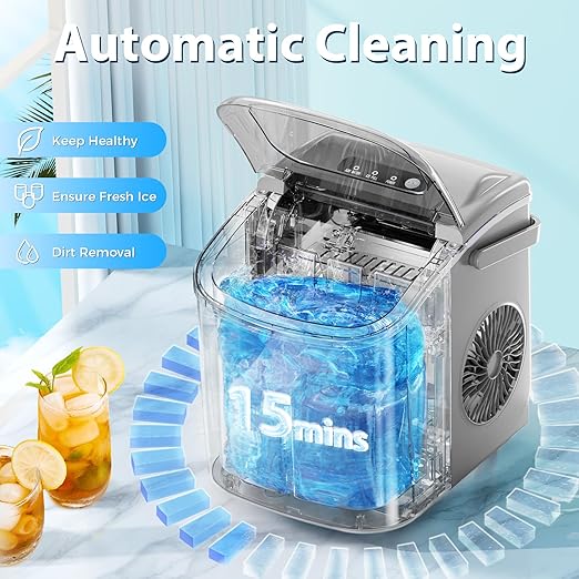 Antarctic Star Countertop Ice Maker，Portable Ice Makers with Self-Cleaning, Bullet Ice Machine, 26Lbs/24H, 9 Ice Cubes Ready in 6 Mins for Kitchen Bar Party RV, Grey