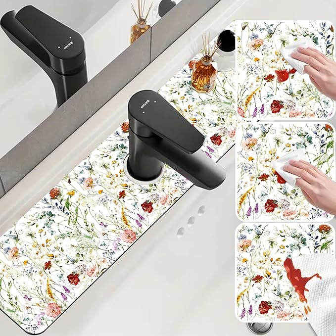 Sink Faucet Absorbing Mat Wildflower Sink Splash Guard Drying Mat for Kitchen Bathroom Faucet Sinkmat 23.5"X5.5"