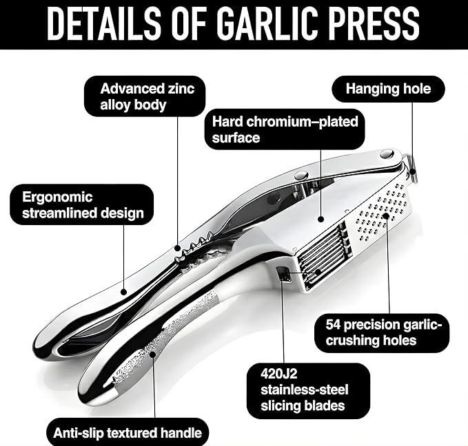 Garlic Press Stainless Steel, Heavy Duty Garlic Crusher & Mincer, Easy Squeeze Ergonomic Handle, Dishwasher Safe, Includes Peeler & Brush, 3-in-1 Set
