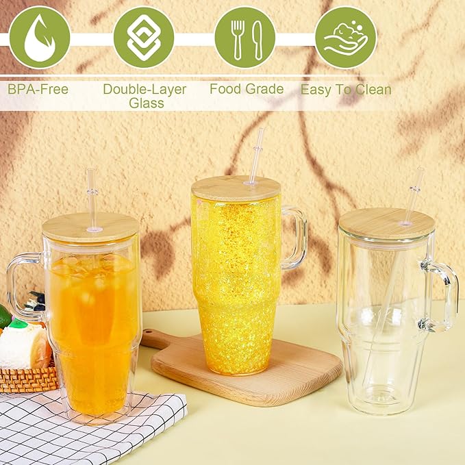 32 Oz Glass Snow Globe Tumbler Cup With Handle, Pre-Drilled Double Wall Glass Coffee Mug For Snow Globe Diy Glitter