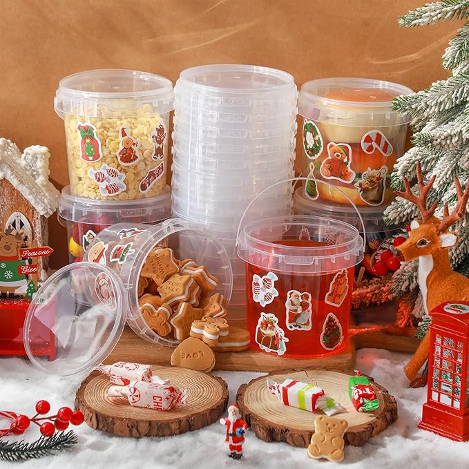 PerKoop 20 Pcs 32 oz Ice Cream Buckets with Lids and Handles Clear Cocktail Rum Buckets with Stickers Plastic Transparent Tub Reusable Food Storage Containers for Parties(Xmas)