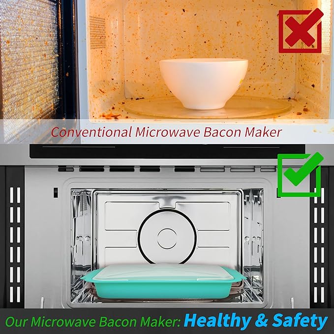 MMUGOOLER 2 Pack Microwave Easy Bacon Maker/Cooker with Lid, Safety, Quick and with No Mess, 11.3“ L x 9.0" W x 2.4" H- Blue