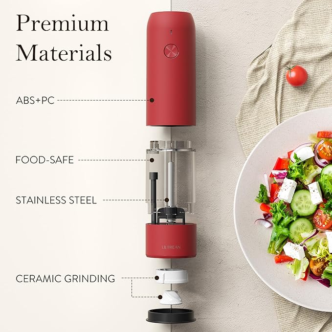 Ultrean Pepper Grinder, Rechargeable Salt and Pepper Grinder with 6 Adjustable Coarseness, LED Light, Automatic Salt and Pepper Shakers, Cooking Gifts Valentines Day Gifts for Women, Crimson Red