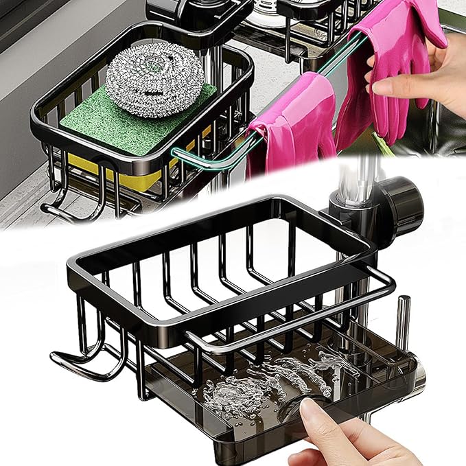 Kitchen Sink Faucet Organizer Multifunction Sponge Holder Organizer Sink Drain Holder Over Faucet Kitchen Sink Caddy with Hook Adjustable for 0.7-1.1inch Round Water Pipe (Black, S)