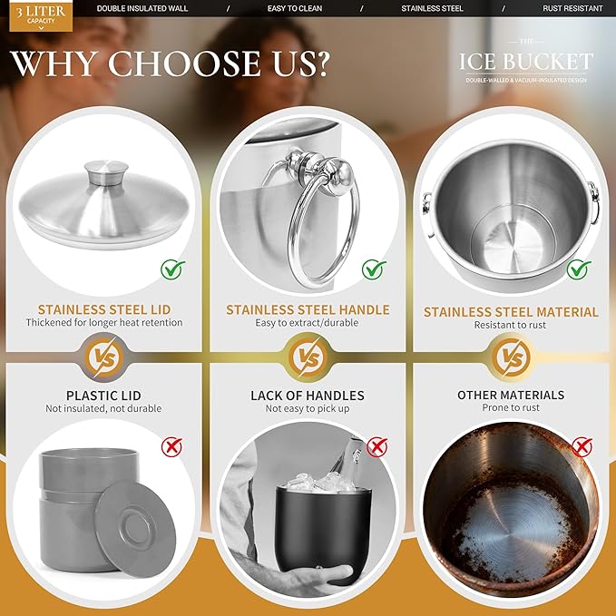 Ice Buckets for Parties with Lid,Tongs and Strainer (3L/Silver) Double Wall Stainless Steel Ice Bucket Keeps Frozen Longer,Ideal Perfect for Parties, Cocktail bar, Chilling Wine, Champagne