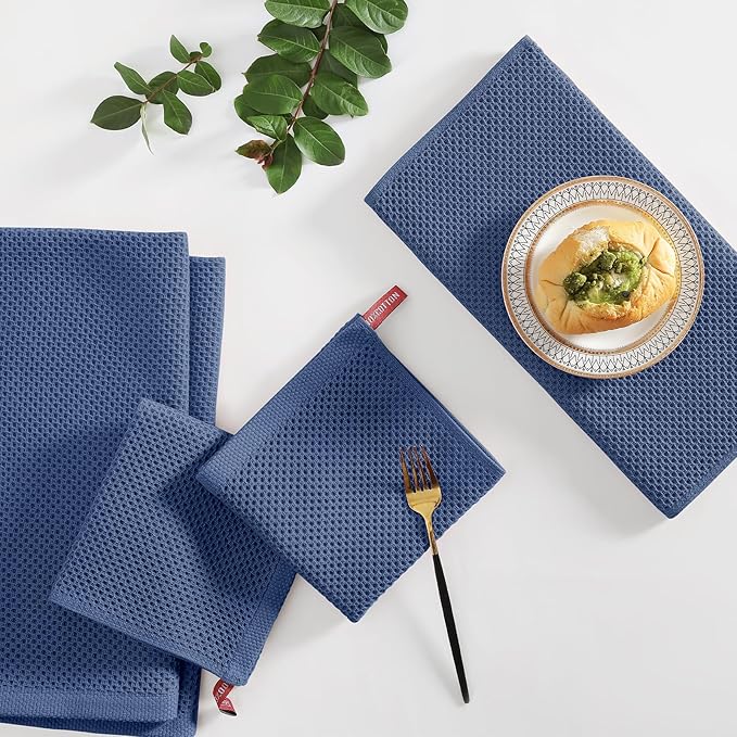 Homaxy 100% Cotton Kitchen Towels and Dishcloths Set, 12 x 12 Inches and 13 x 28 Inches, Set of 8 Bulk Kitchen Towels Set, Ultra Soft Absorbent Dish Cloths for Washing Dishes, Navy Blue