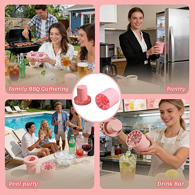 3D Upgraded Silicone Ice Cube Tray with Easy Release-30 Cubes, Leak-Proof&Space-Saving for Freezer,RV,Office-BPA-Free Fast Ice Maker for Drinks,Cocktails, Party (Includes Travel Ice Bucket) (Pink)