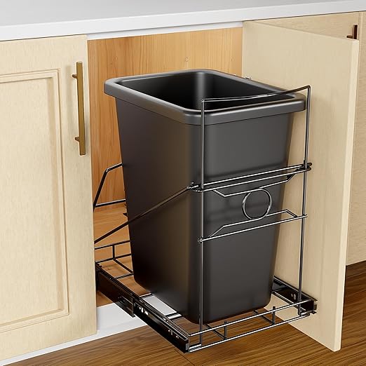 Pull Out Trash Can Under Cabinet Adjustable Trash Can Holder for 7 to 11 Gallon Bin Bottom Mount Slide Out Trash Rack for Narrow Cabinets(Black, No Bin Included)