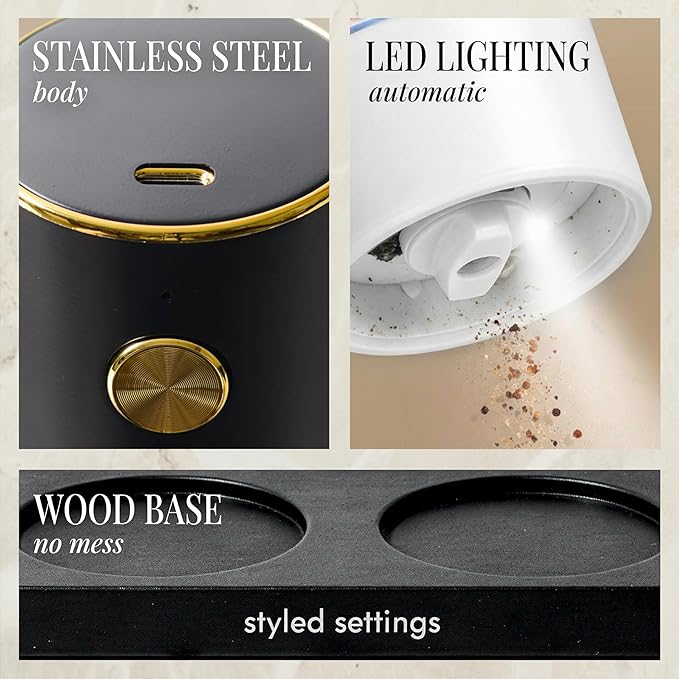 Rechargeable Electric Salt and Pepper Grinder Set – Sleek Stainless Steel White and Black Black Salt and Pepper Grinder Set with USB-C Charging, Adjustable Coarseness, LED Light, One Touch Control