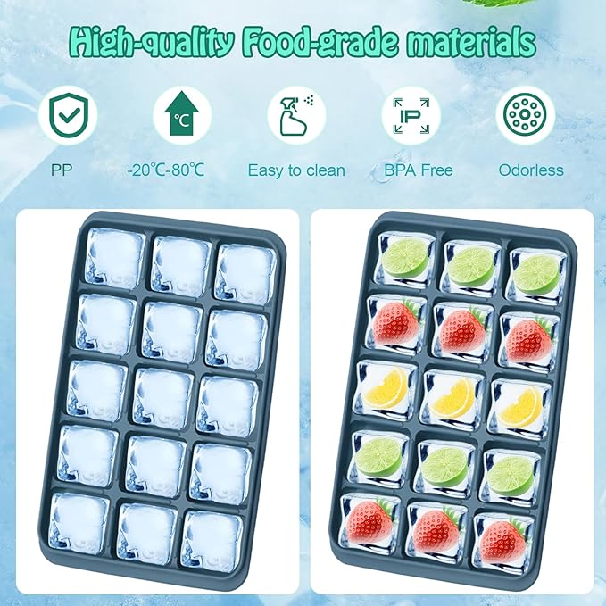 2 Pcs Easy Release Ice Cube Trays, Blue Flexible Silicone Ice Cube Molds Removable Lid Stackable for Whiskey, Beverages, Baby Food (15 cubes 0.7oz)