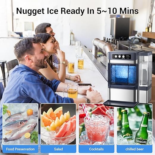Nugget Ice Maker Countertop 44 Lbs/24h, Chewable Nugget Ice Machine with Side Water Tank, Ready in 5-10 Mins, Self-Cleaning Pellet Ice Machine,Stainless Steel,Scoop Included
