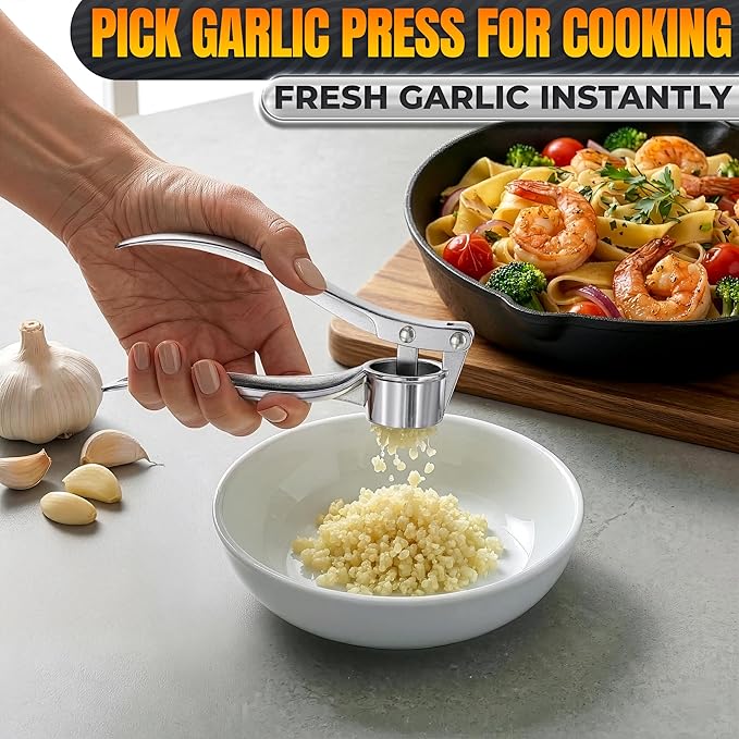 Metal Garlic Press - Ginger Mincer with 37 Built-In Studs for Maximum Extraction, Garlic Crusher for Ginger and Soft Nuts, Rust-Resistant, Ergonomic Handle, No Peel Needed, Dishwasher Safe, Silver