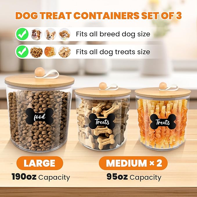 HOYTAMDAR 3 Pack Airtight Dog Food Storage Container, Dog Treat Container Dog Food Containers with Bamboo Lids 8x7''&6x5'',Pet Food Storage Container,Cat Food Container with Scoops,Clamp,Labels,Pen