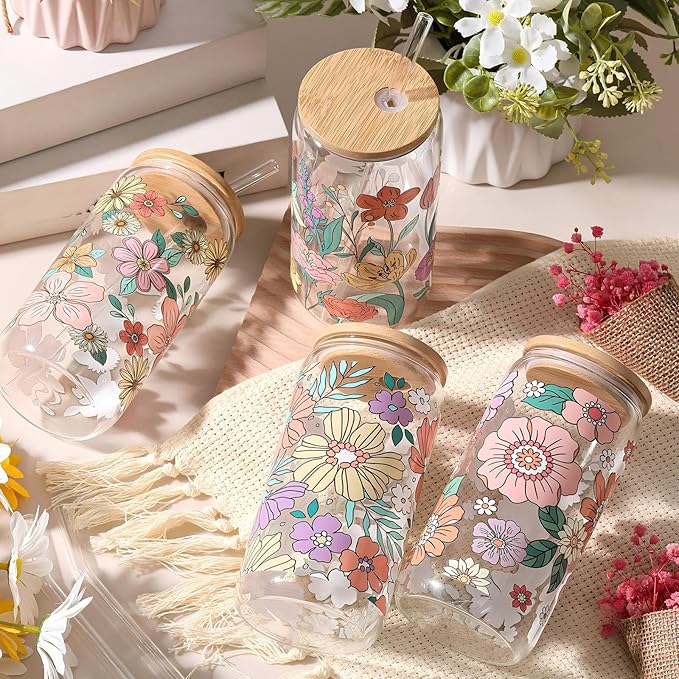 Mumufy 4 Pack Gift for Women Bohemian Flower Cute Glass Cup Tumbler Boho Floral Iced Coffee Mugs 16 oz Glass with Bamboo Lid & Straw, Mothers Day Birthday Gift for Mom Sister Bridesmaid Baby Shower