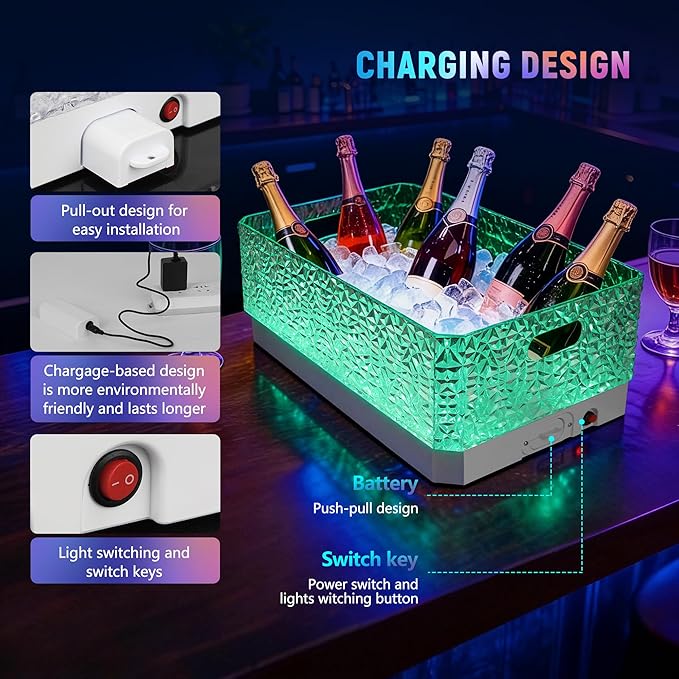 15L LED Ice Bucket for Parties, Rechargeable 7-Color Changing Light Up Beverage Tub, Clear Acrylic Wine & Champagne Drink Cooler, Leakproof Party Tub for Home Bar & Outdoor Entertaining