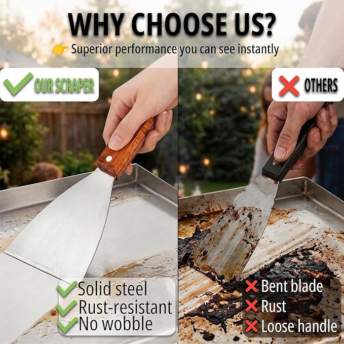 Griddle Scraper, Heavy Duty Stainless Steel Grill Scraper with Handle – Durable Griddle Scrapers for Flat Tops, Flat Top Grill Cleaner & BBQ Tools for Outdoor Grill, Easy Grease Removal (Style 03)