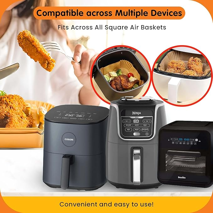 UrbanAir 8-Inch Square 125pcs Air Fryer Paper Liners for Easy Cleanup - Non-Stick, Heat-Resistant, and Perfect Fit for Hassle-Free Cooking | Bleach-Free Parchment| (8 In/20cm)