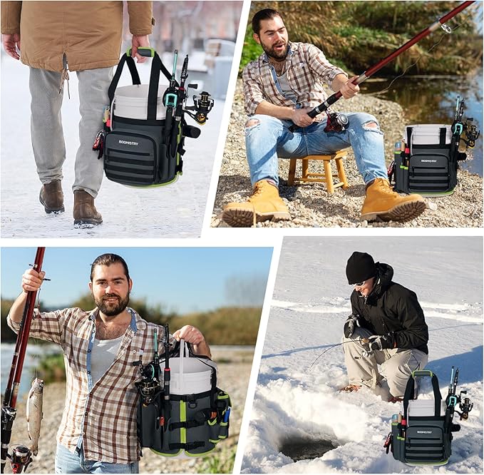 Boomistry Fishing Bucket Organizer for 5 Gallon Bucket Accessories, Fishing Tackle Bag with Adjustable Buckle, Fishing Rod Bag with 15 Multi-Pockets for Fishing Gear and Equipment (Dark Gray)