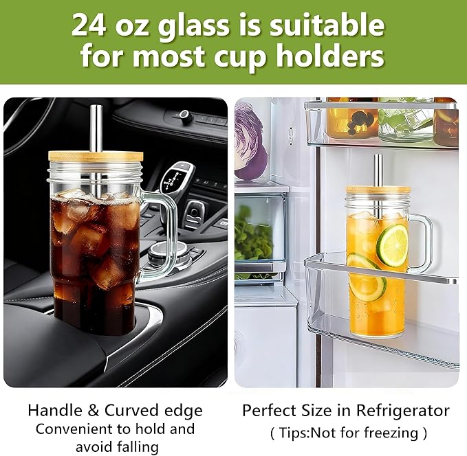 Birity 24oz Glass Cups with Lids and Straws,Glass Tumbler with Handle,2 set–Reusable Glass Ice Coffee Cups with Lid and Straw for Smoothies,Tea,Juice,Boba Cup for Cold & Hot Drinks,Travel Cup