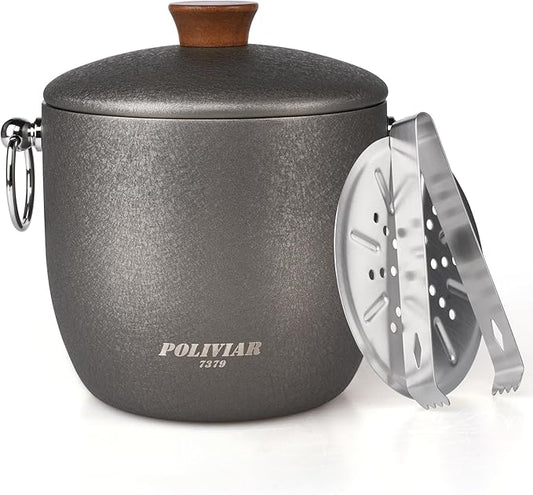POLIVIAR Ice Bucket, 2.5L Double Wall Ice Bucket with Lid, Stainless Steel Ice Bucket with Tong & Strainer, Ice Bucket for Cocktail Bar, Home & Parties, JX2023-IBLY