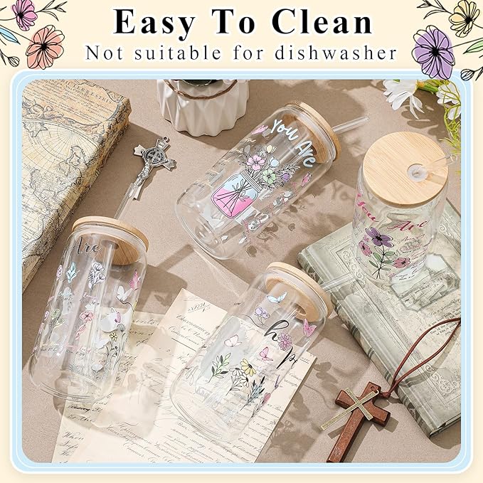 Mumufy 4 Pack Christian Inspiration Flower Glass Cup with Bamboo Lid and Straw Tumbler Iced Coffee Mugs 16 oz Glass, Mothers Day Birthday Women Religious Gift for Mom Sister Bridesmaid Baby Shower