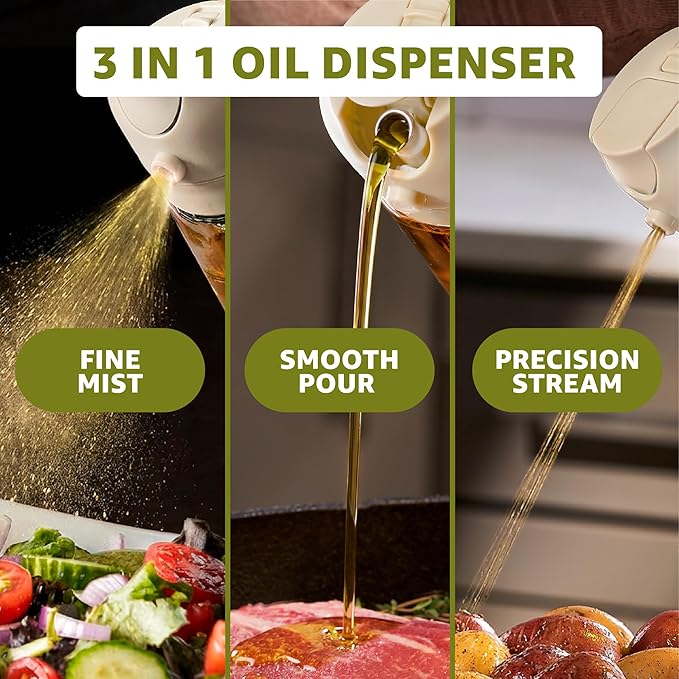 FineDine 16oz Olive Oil Sprayer for Cooking, 2 in 1 Olive Oil Dispenser Bottle for Kitchen, Air Fryer, Salad, BBQ & Baking – Dual Spray Mist & Stream, with Measurement Marks, White