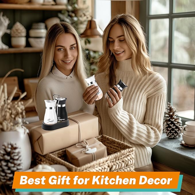 Salt and Pepper Shakers Set with Holder,4 oz Bottom Salt Shaker with Stainless Steel Lid for Kitchen Gadgets Cooking Table Housewarming Gift Christmas Decor Refillable Design (Black + White)