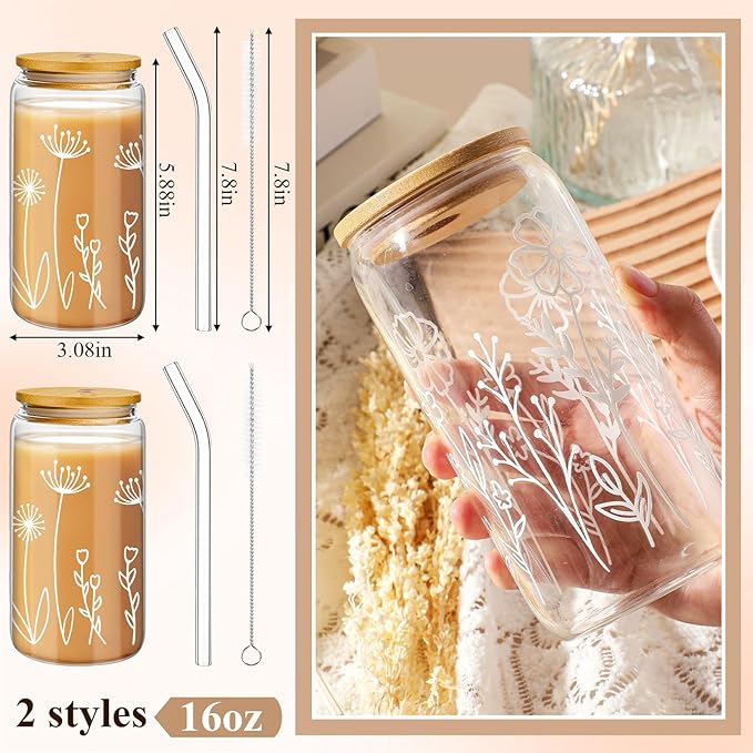 Mumufy 2 Pack Bridesmaid Gift Glass Cups, Cute Flower Mason Jars with Bamboo Lids & Straws, 16oz Iced Coffee Tumblers for Wedding, Bridal Party, Birthday, Mother's Day(Boho Flower)