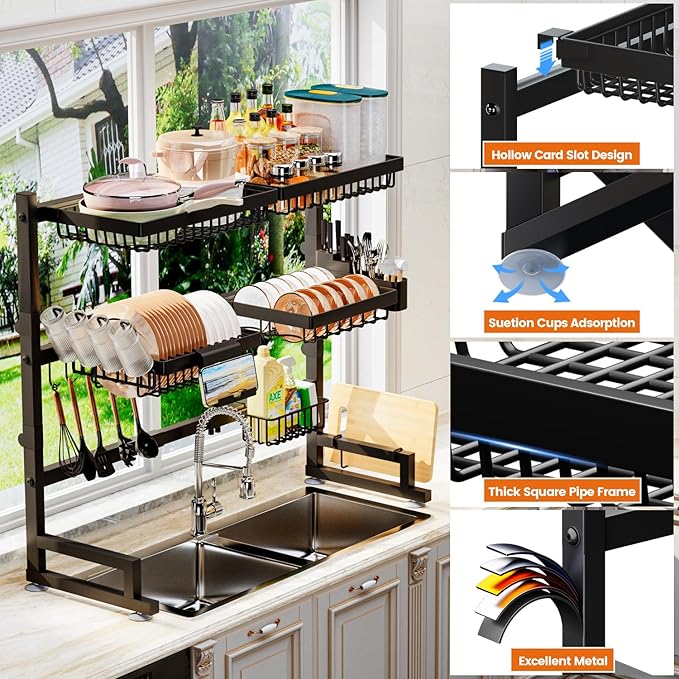ilvvan Over The Sink Dish Drying Rack 27-40L x 12W x 32.5-37H (inches) (Expandable Height and Length) Snap-On Design 2 Tier Large Dish Rack