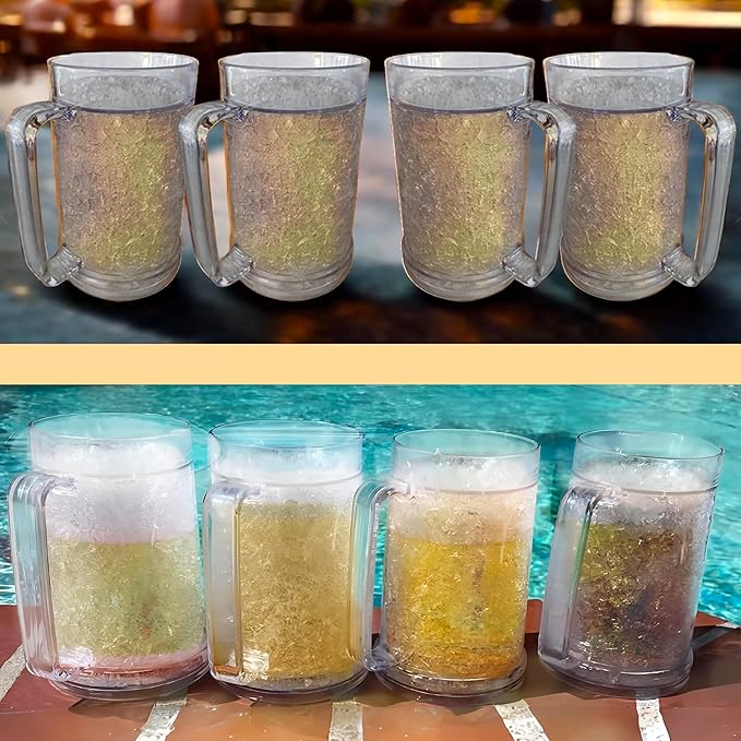 Lily's Home Freezer Beer Mugs with Handles, 16 oz Set of 4 – Clear Frosted Double Wall Insulated Acrylic, Gel-Filled, Break-Resistant for Home Bar, Pool Parties, BBQ & Outdoor