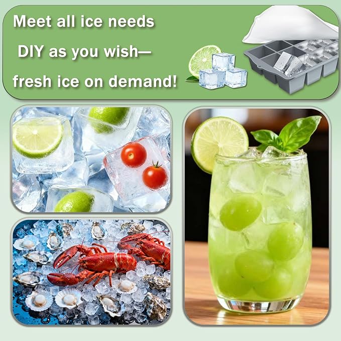 Ice Cube Trays for Freezer, 3 Pack Easy Release Slicone Ice Cube Tray with Lid, BPA Free Stackable Flexible Ice Mold 15 Square Reusable Ice Cubes for Whiskey, Baby Food, Ice Coffee (Grey+Blue+Green)