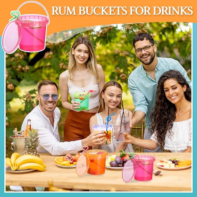 Funnymoom 16 Pack 32 oz Plastic Rum Buckets for Drinks with Straws Ice Cream Cocktail Bucket with Lids and Handles Reusable Food Containers Cup for Parties Summer Beach Bar Beer (Muticolor)