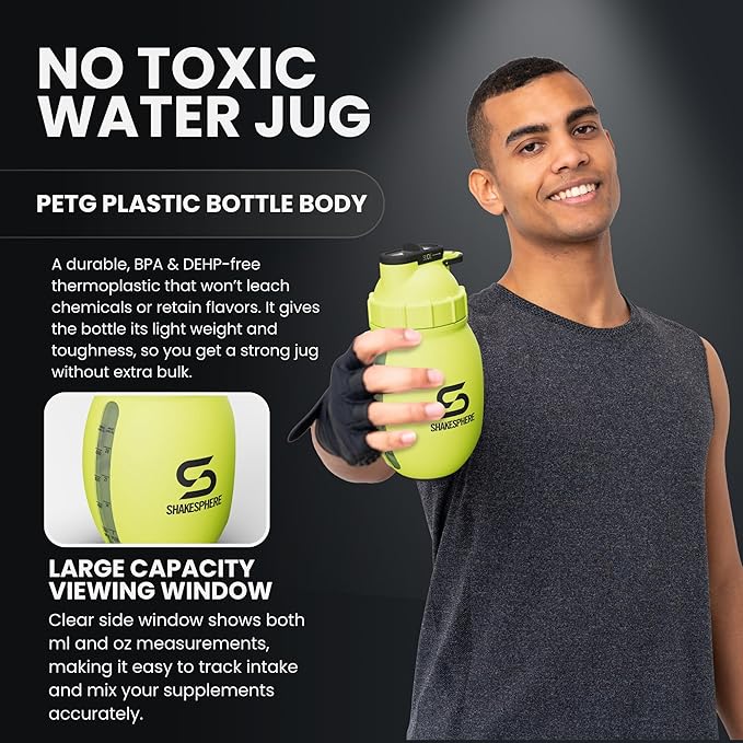 SHAKESPHERE Protein Shaker Bottle Jug 1.3L – Double Walled, Leak Proof Gym & Mixer Bottle, BPA-Free, Durable Design with Easy-Grip Handle, Silicone Base, and Clear Viewing Window – Fluorescent Yellow