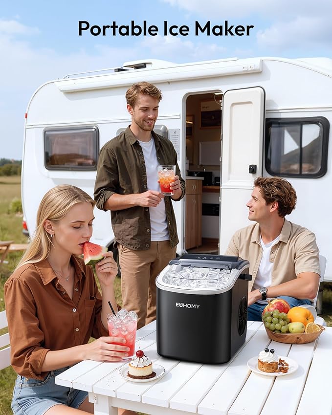 EUHOMY Countertop Ice Maker Machine with Handle, 26lbs Per Day, 9 Bullet Cubes in 6 Mins, Self-Cleaning Portable Ice Maker with Basket and Scoop, for Home/Kitchen/Camping/RV (Black)