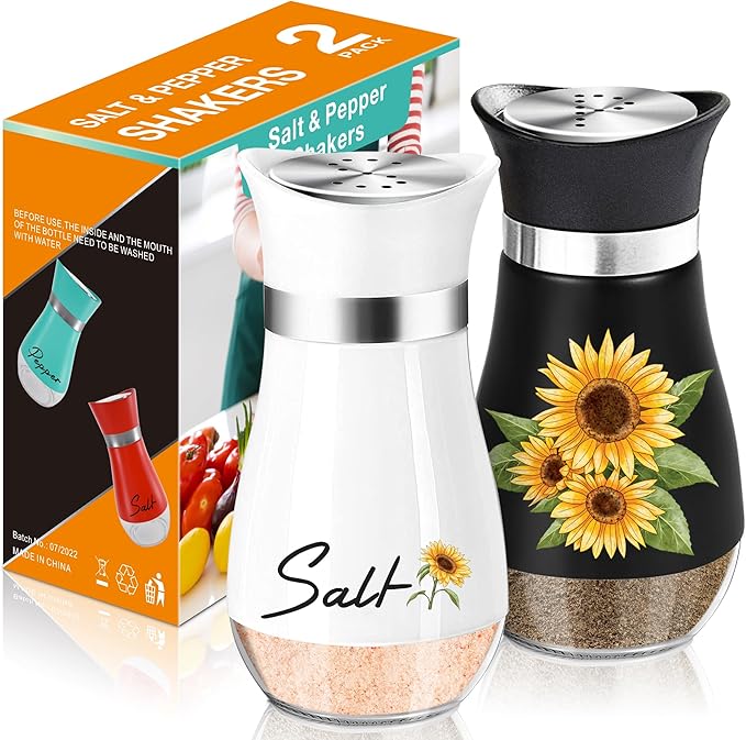 Sunflower Salt and Pepper Shakers Set - 4oz Farmhouse Kitchen Gadget and Accessories Sunflower Gifts for Decor Cooking Table,Housewarming,Thanksgiving,Christmas (Black + White)