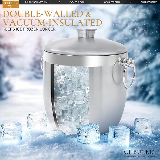 Ice Buckets for Parties with Lid,Tongs and Strainer (3L/Silver) Double Wall Stainless Steel Ice Bucket Keeps Frozen Longer,Ideal Perfect for Parties, Cocktail bar, Chilling Wine, Champagne
